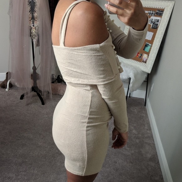 Pearl Detail Off Shoulder Brushed Hacci Dress - Picture 3 of 5